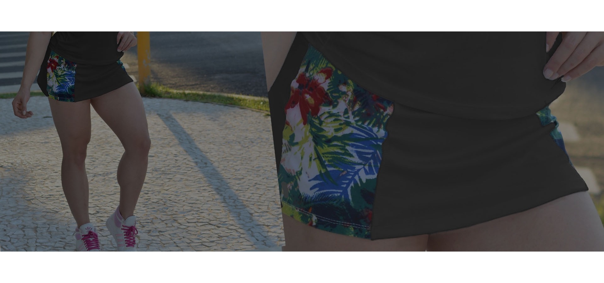 Saia short fitness com recortes estampado-Preto