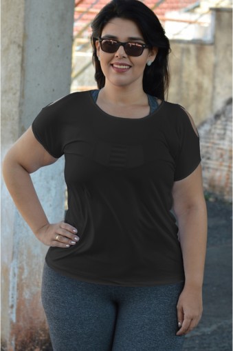 Blusa poliamida abertura manga plus size-Preto