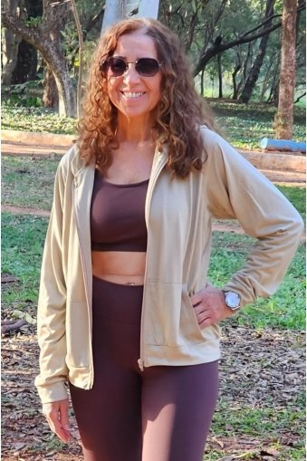 Jaqueta feminina manga longa com capuz-Bege